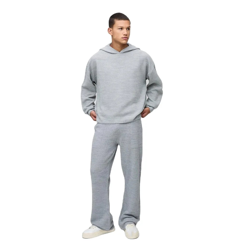 Light Grey Knitted Hoodie and Wide Leg Pants Set Custom Soft Knit Streetwear Two Piece Outfit for Winter with Relaxed Fit Design
