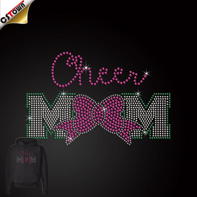 Low Moq Products Rhinestone Heat Transfer Cheer Cheer Mom Iron on Transfers