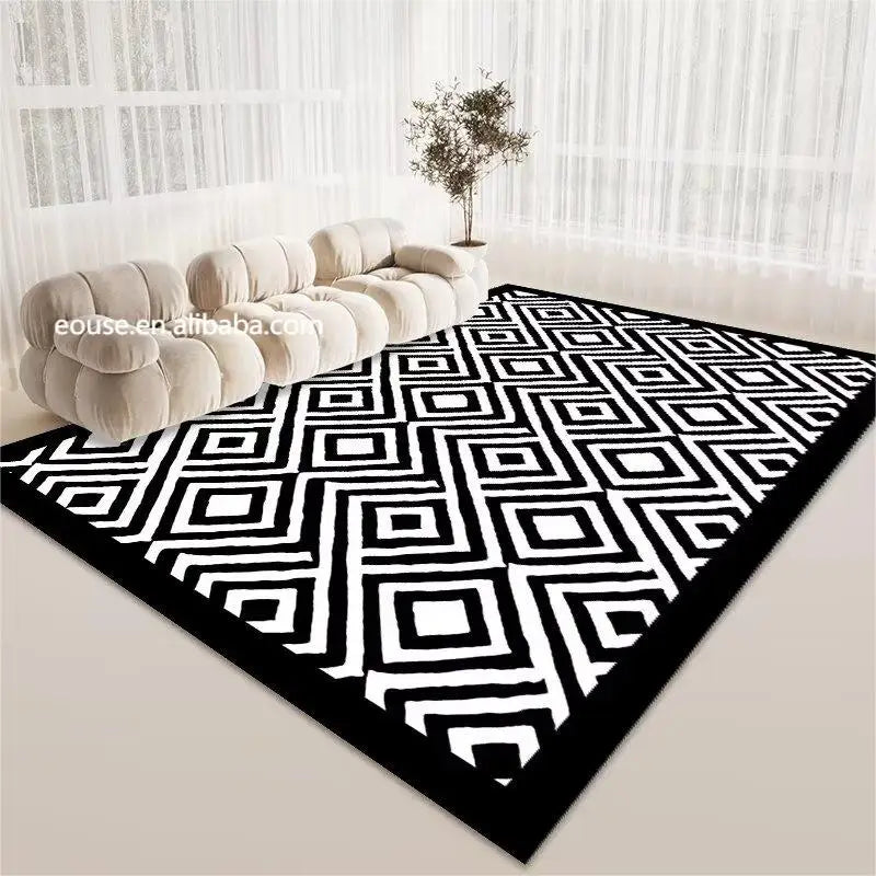 Black and White Minimalist Crystal Velvet Hotel Carpet Household Bedroom Bedside Blanket Non Slip Dirt Resistant