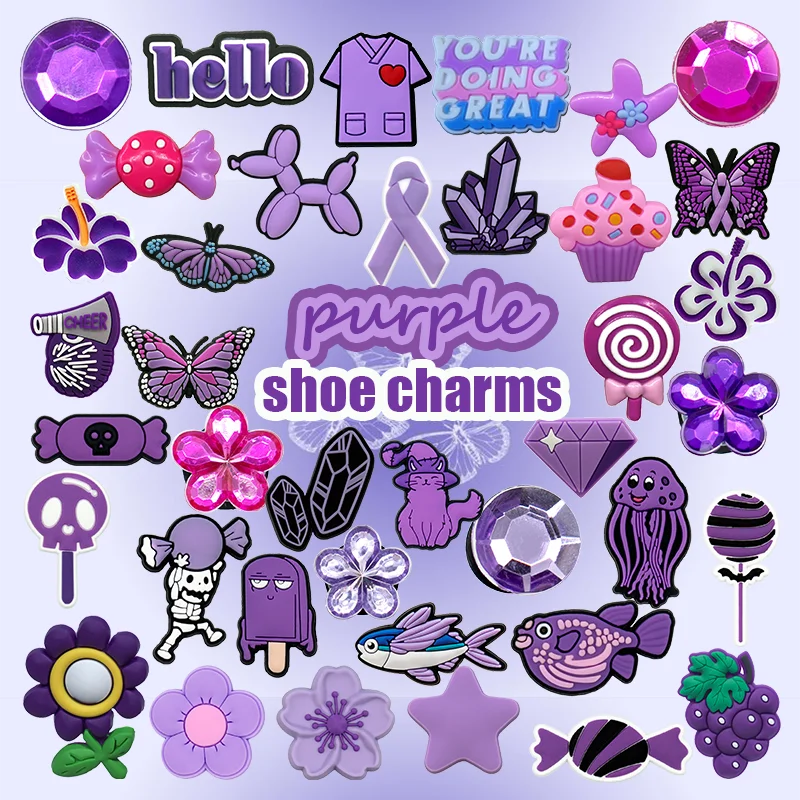 Wholesale Customized 2D Purple PVC DIY Clog Sandal Accessories Flower Butterfly Grape Crystal Shoes Decoration Witch Shoe Rubber