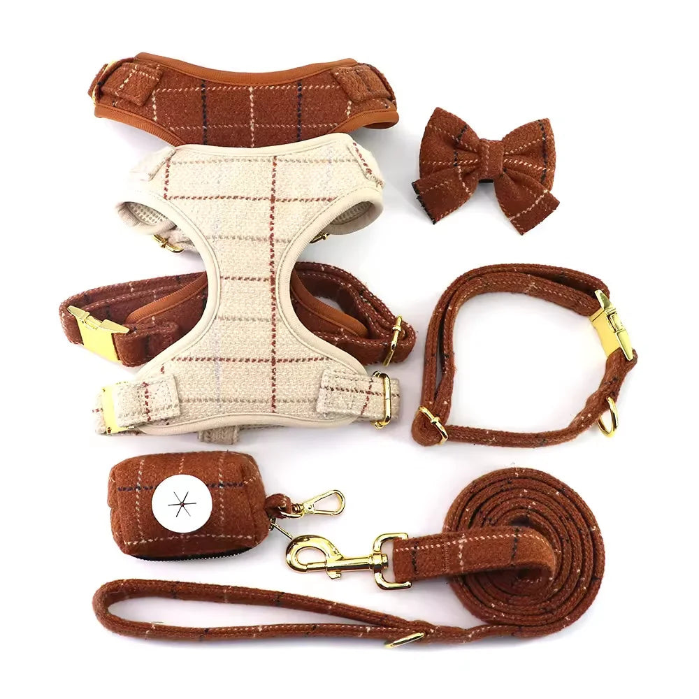 2024 Pet Supplies Adjustable Dog Collar Leash Harness Adjustable Custom Safety Luxury Tweed Twill Pet Dog Harness Set