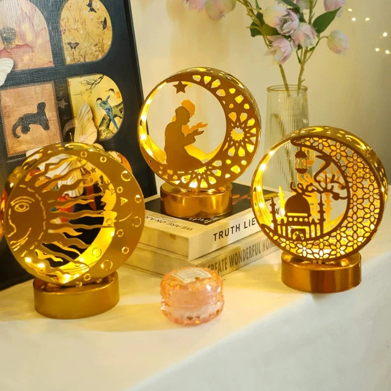 Ramadan Mubarak Lamp Eid Crafts Night Handmade 3D Ironwork Moon Star LED Lights Decor Home Party Bedroom Eid Ornaments Gift