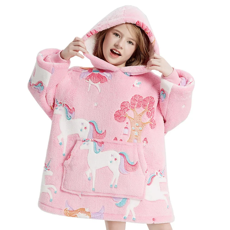Topgear Children's Elegant Flannel Glow-in-the-Dark Pajamas Cozy Hooded Casual Thermal Nightgown Sleepwear Elastic Waist V-neck