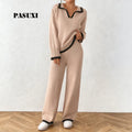 PASUXI Women's Breathable Knitted Color Block Two Piece Set Loose Fit Mandarin Collar Sweater with Oversized Wide Leg Bottom