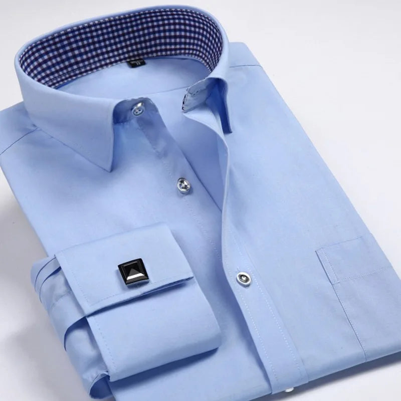 Casual Business Men's Long-Sleeved Slim Shirt for Spring/Summer Plus Size French Cuff with Anti-Wrinkle Twill Fabric