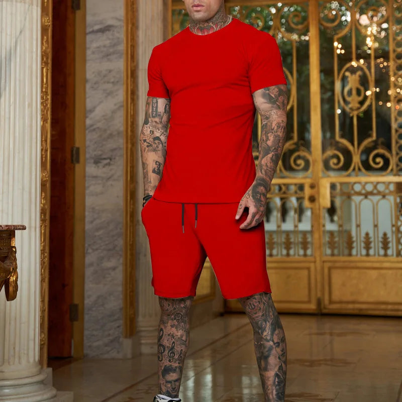 Custom Men's Summer Casual Solid Color Breathable Comfortable 100% Cotton 2-Piece T-Shirt and Shorts Set