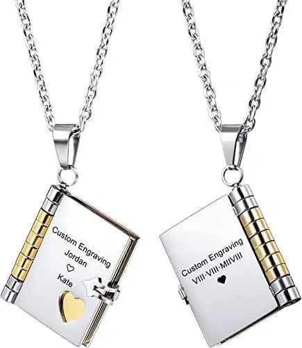 Custom Stainless Steel Engrave Mini Book Necklace Photo Locket Pendant Necklace
