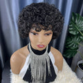 Short Bob Pixie Cut Water Wave Glueless Human Hair Wig None Lace Front Wig with Bangs Natural Black Full Machine Made Fringe Wig