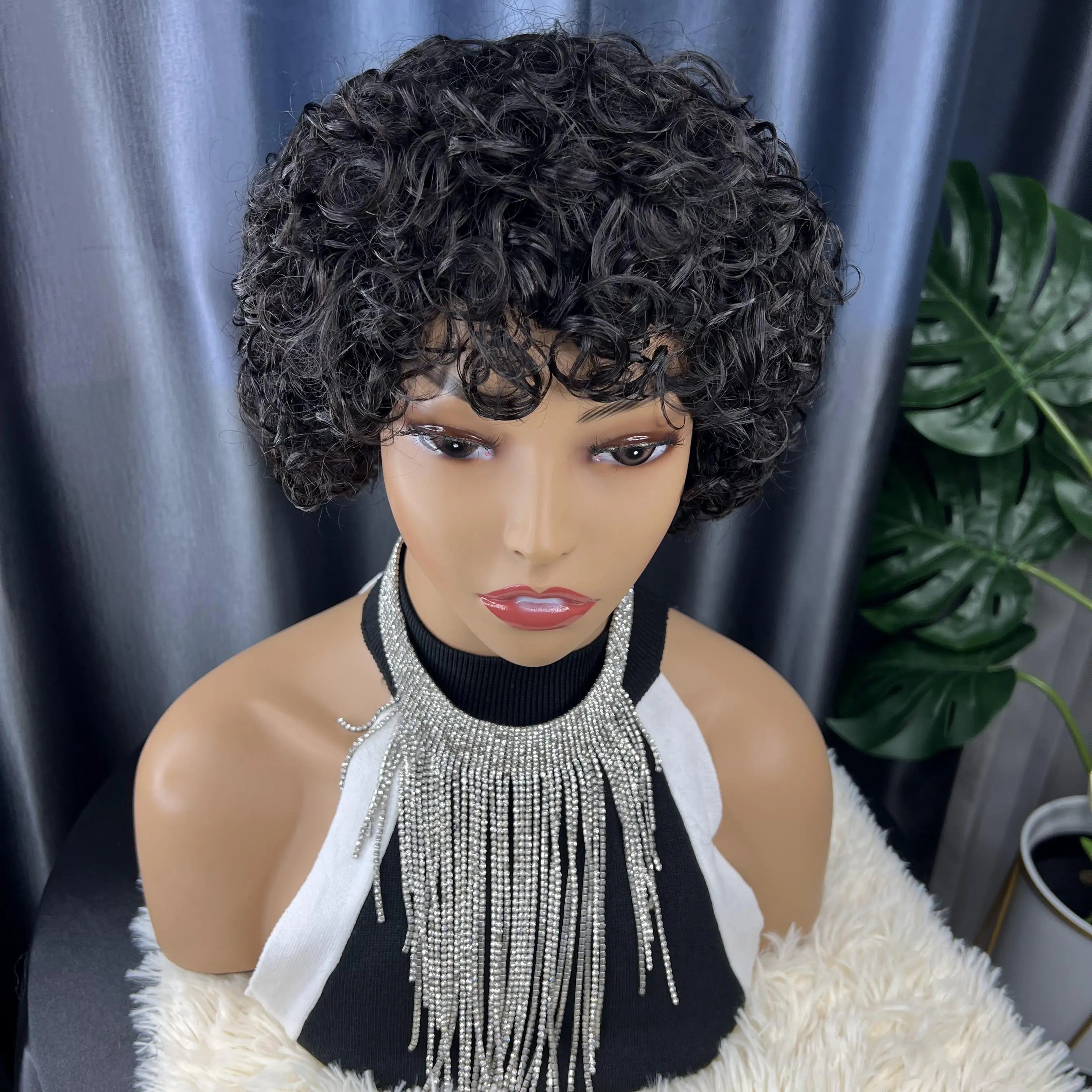Short Bob Pixie Cut Water Wave Glueless Human Hair Wig None Lace Front Wig with Bangs Natural Black Full Machine Made Fringe Wig