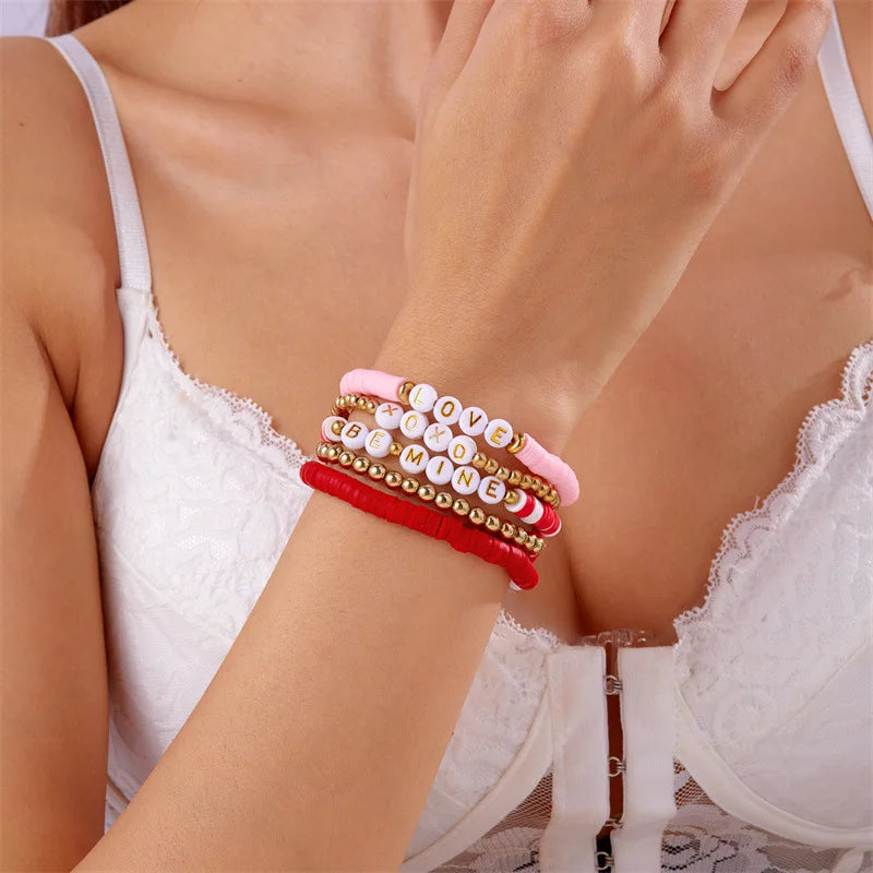 Valentines Day Gift Multi-layer Pink Beaded Clay Bracelet Set Sweet Love Heart Bracelet to My Daughter