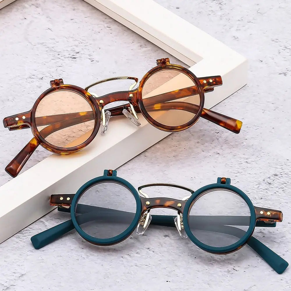 Custom Logo Retro Unisex Double-layer Flip Lens Punk Round Sun Glasses UV400 Small Frame Steampunk Flip up Sunglasses Men Women