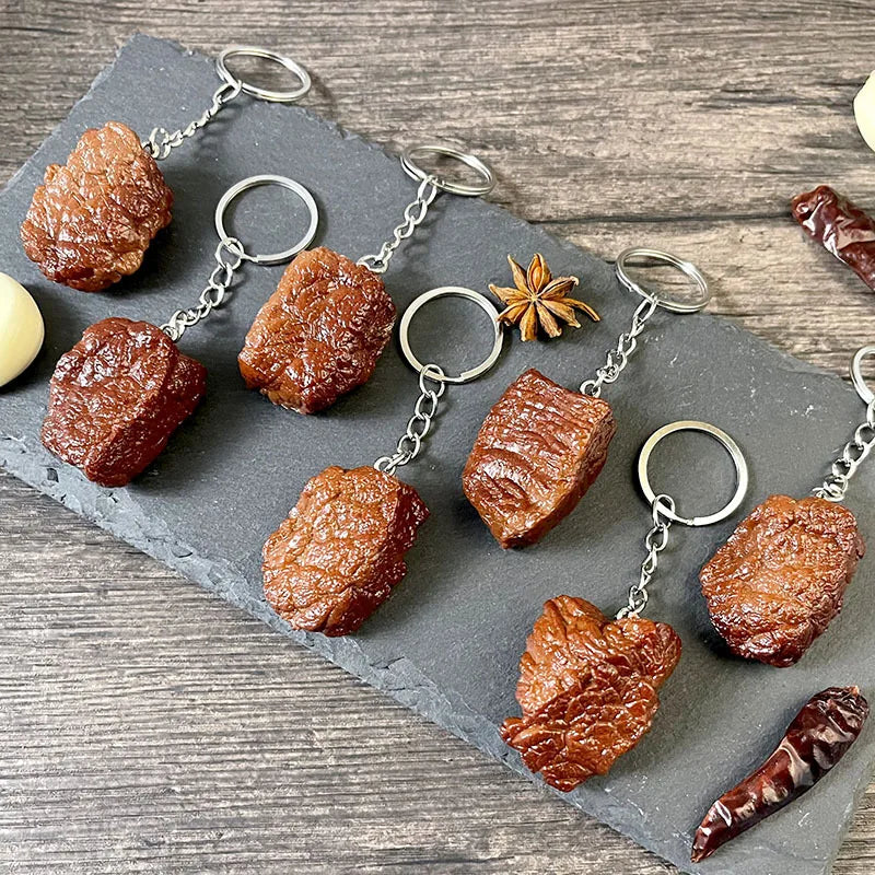 Simulation Beef Block Beef Charm Key Chain Imitations PVC Food Beef Cubes Keyring Food Model Simulation Food Pendant Keychain