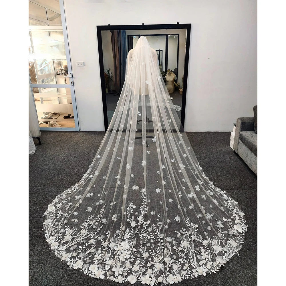 New Elegant 3M*3M Long Wedding Veil 3D-Flower Appliques Tulle Bridal Veil With Comb