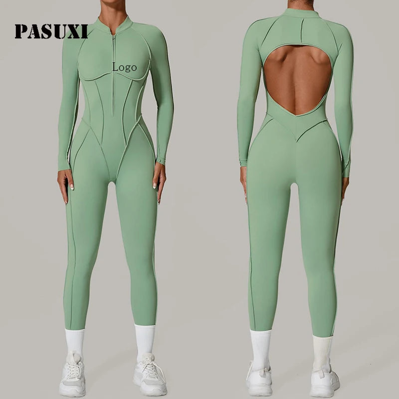 PASUXI Women's Long Sleeve Yoga Jumpsuit Half Zip Fitness Bodysuit Backless Workout Jumpsuit High Waisted Yoga Wear Sportswear