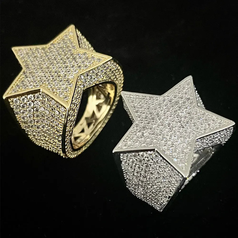 Low MOQ Wholesale Luxury Cubic Zirconiabig Big Hip Hop Jewelry Ice Out Bling Star Ring