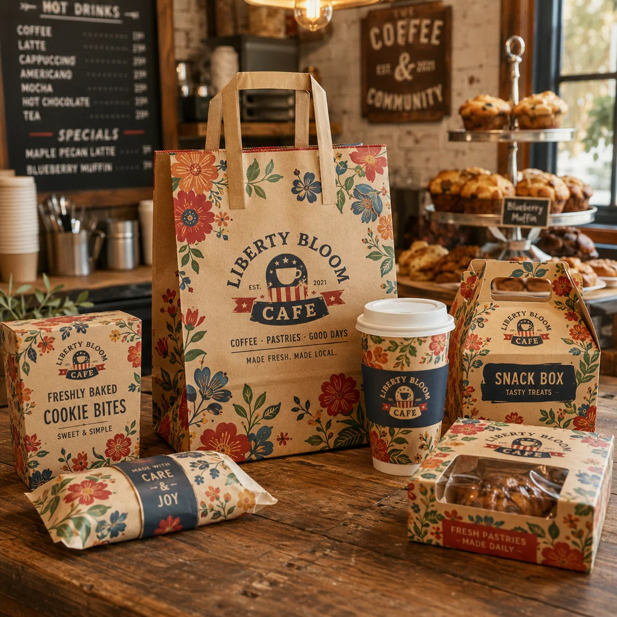 AT PACK Custom Printed Coffee Shop Packaging Set with Logo Paper Bag Cookie Box Snack Box Bakery Takeaway Food Packaging MegaBDM