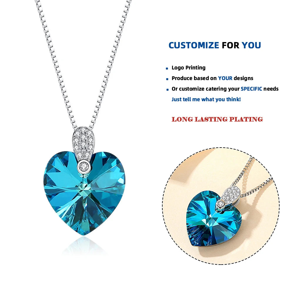 D295 S925 Blue Crystal Heart Shape Necklace 925 Sterling Silver Heart of the Ocean Pendant Sapphire Heart Necklace