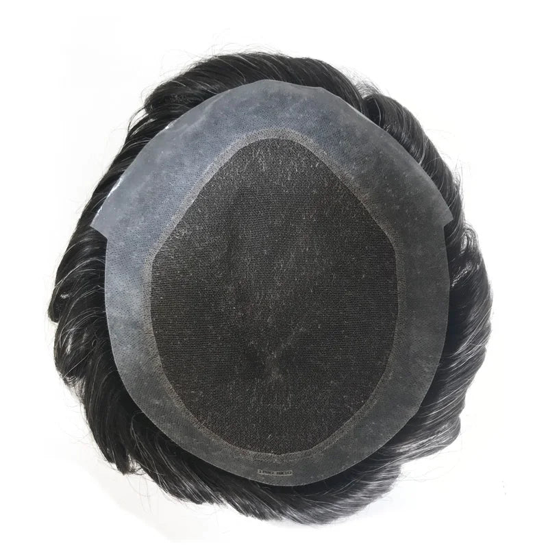Gray Color Fine Swiss Lace PU Skin Around Human Hair Hair Replacement System Men Toupee