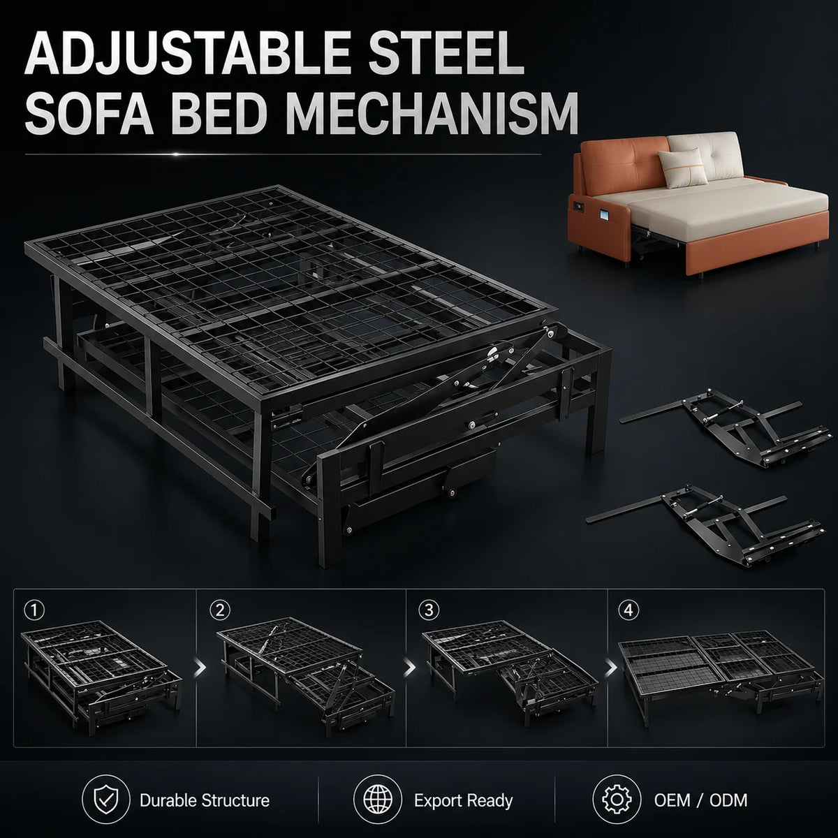 Easy Operation Pull Out Sofa Bed Mechanism Solid Steel Transformation Frame Folding Hardware for Custom Modular Furniture MegaBDM