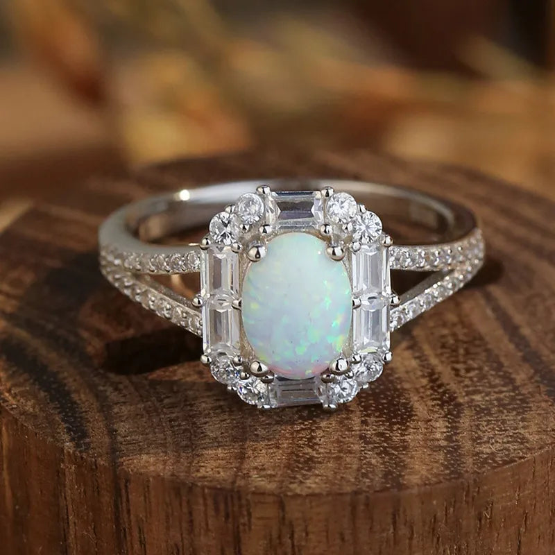 Low MOQ Wholesale Jewelry 925 Sterling Silver White Opal Ring With Cz Stone