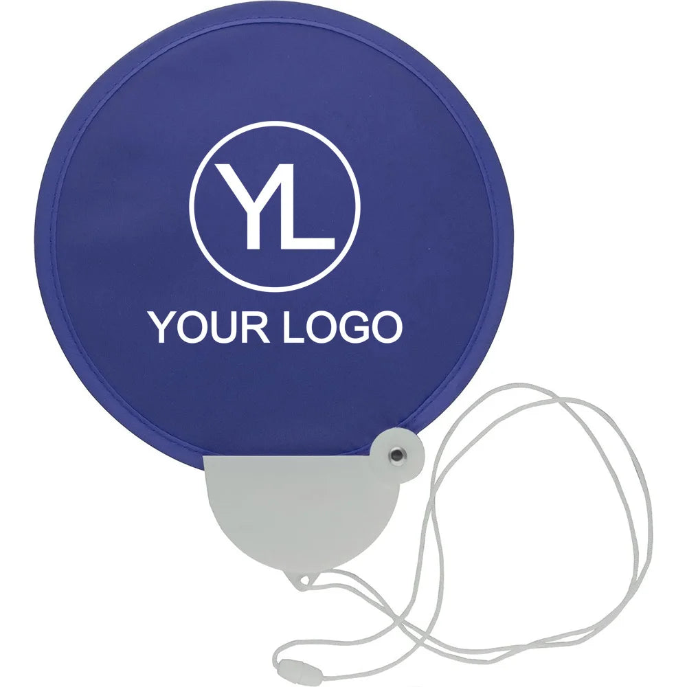 Custom Logo Promotional Folding Twist Neck Fan Collapsible Round Nylon Handheld Fans with Lanyard