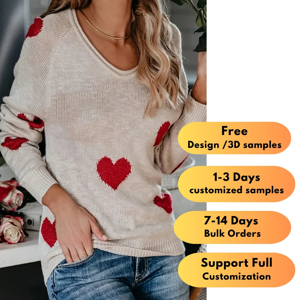 Wholesale V-Neck Women's Fall Oversized Knit Pullovers Ladies Love Heart Print Knitted Winter Sweaters Casual Style Front Logo