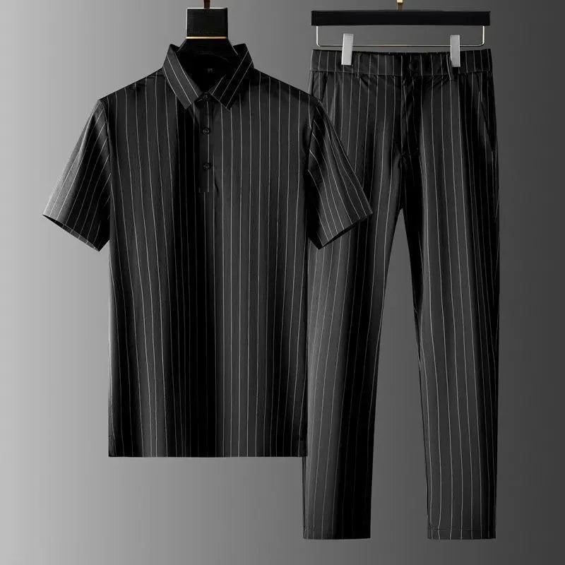 OEM custom logo embroidery printed design  light luxury high-end  men's summer leisure short-sleeved thin striped two-piece suit