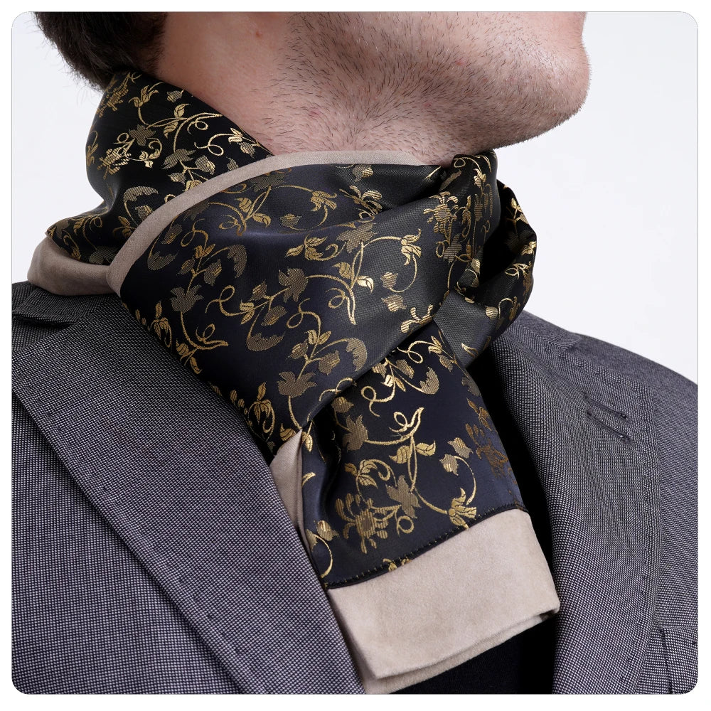 Exve Exclusive Double-Sided Jacquard Woven Black Scarf with Gold Flower Knitted Accessory AE3488