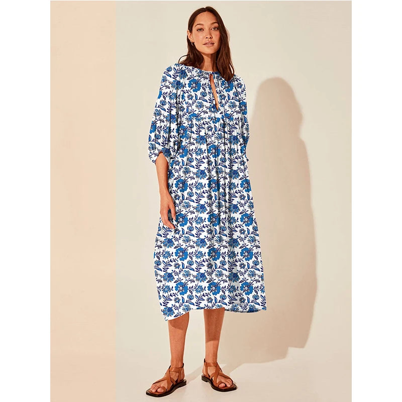 Cross-border New Arrival: Floral Fashion Women's Summer Cotton Vacation Dress - Loose Casual Mid-Sleeve Style