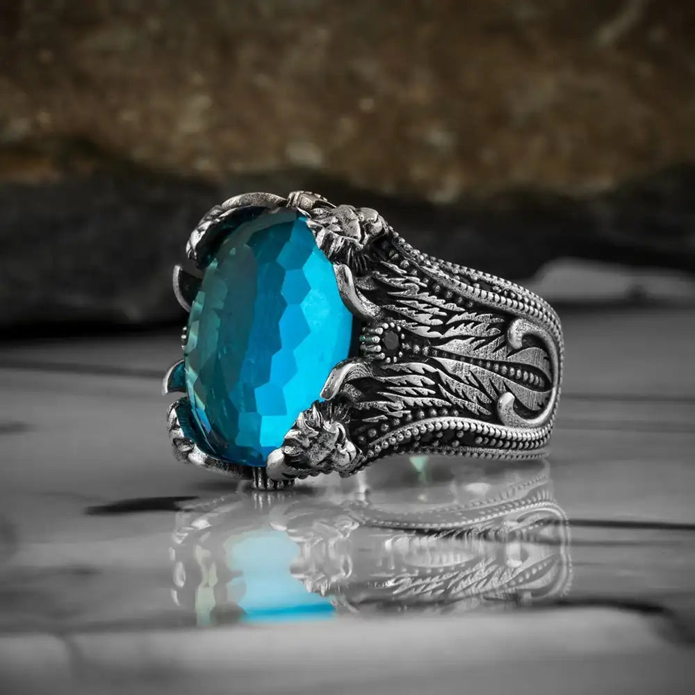 Azuris Turkish 925 Sterling Silver Men's Ring Ottoman Style Fashion Jewelry with Natural Stone Black Color VALKH1404