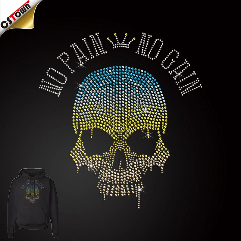 Trending Products 2024 New Arrivals No Pain No Gain Rhinestone Skull Hotfix Rhinestone Iron on Motif F