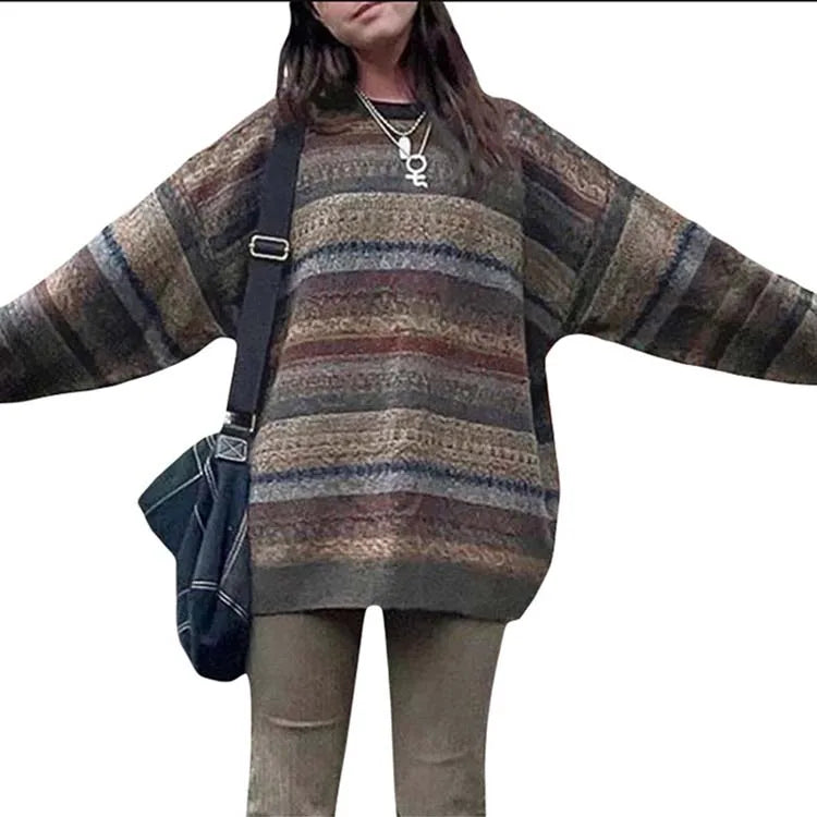 New EU/US Women's American Retro Stripe Sweater - Long Sleeve Casual Pullover