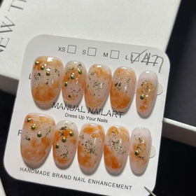 Handcrafted Luxury Orange Marble Swirl Gold Accent Custom Oval Short Press on Nails False Nails 056