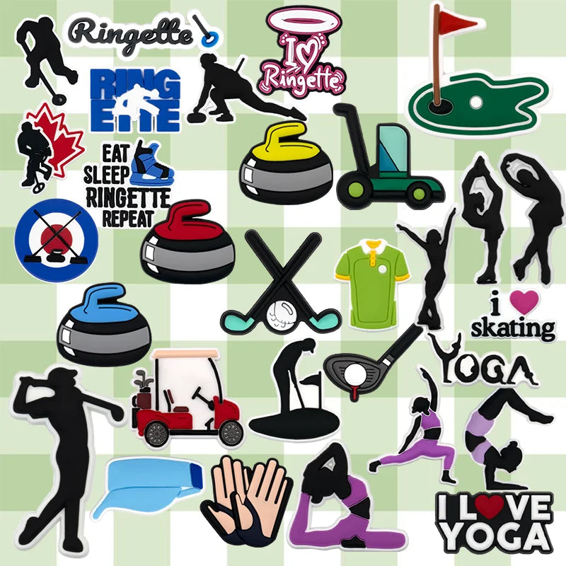 Wholesale Customized 2D DIY Sports Rubber Shoe Charms for Golf Ringette Yoga Skating Ballet & Gymnastics Accessory Decoration