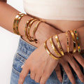 Waterproof Simple Stainless Steel Oval Cubic Zircon Gold Open Cuff Bracelet Bangle for Girls