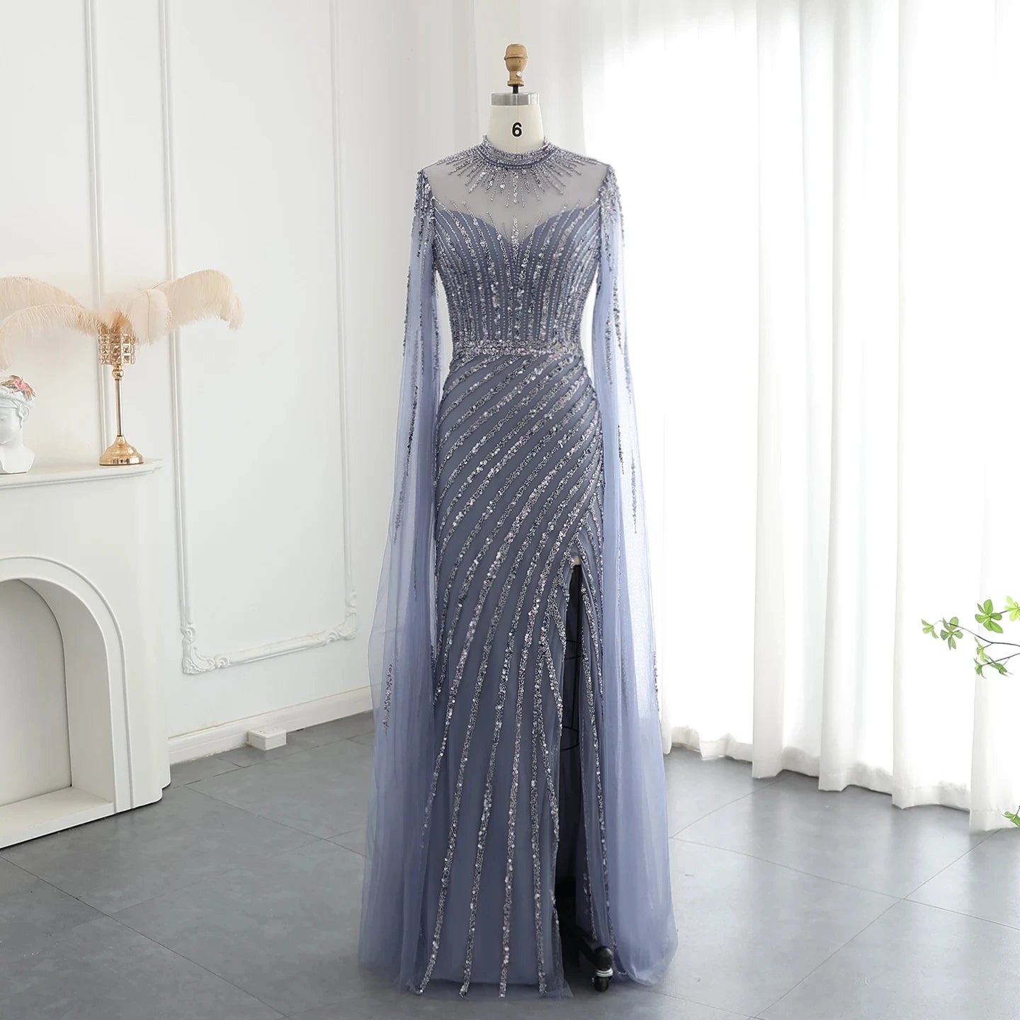 Jancember SZ174 Luxury Arabic Slit Mermaid Evening Party Dresses With Cap Sleeve