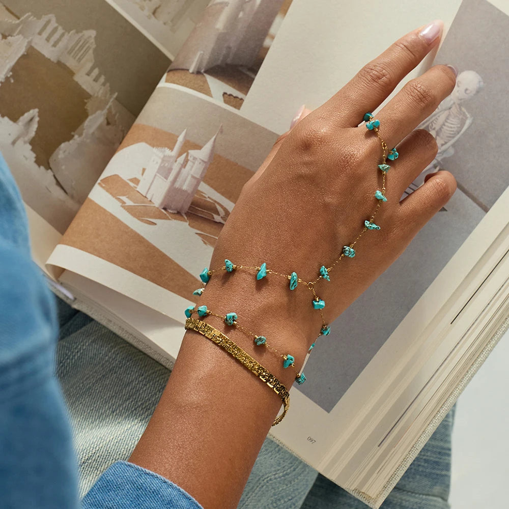 J&D Minimalist Style 18K Gold Stainless Steel Turquoise Double-layer Finger Charm Bracelet