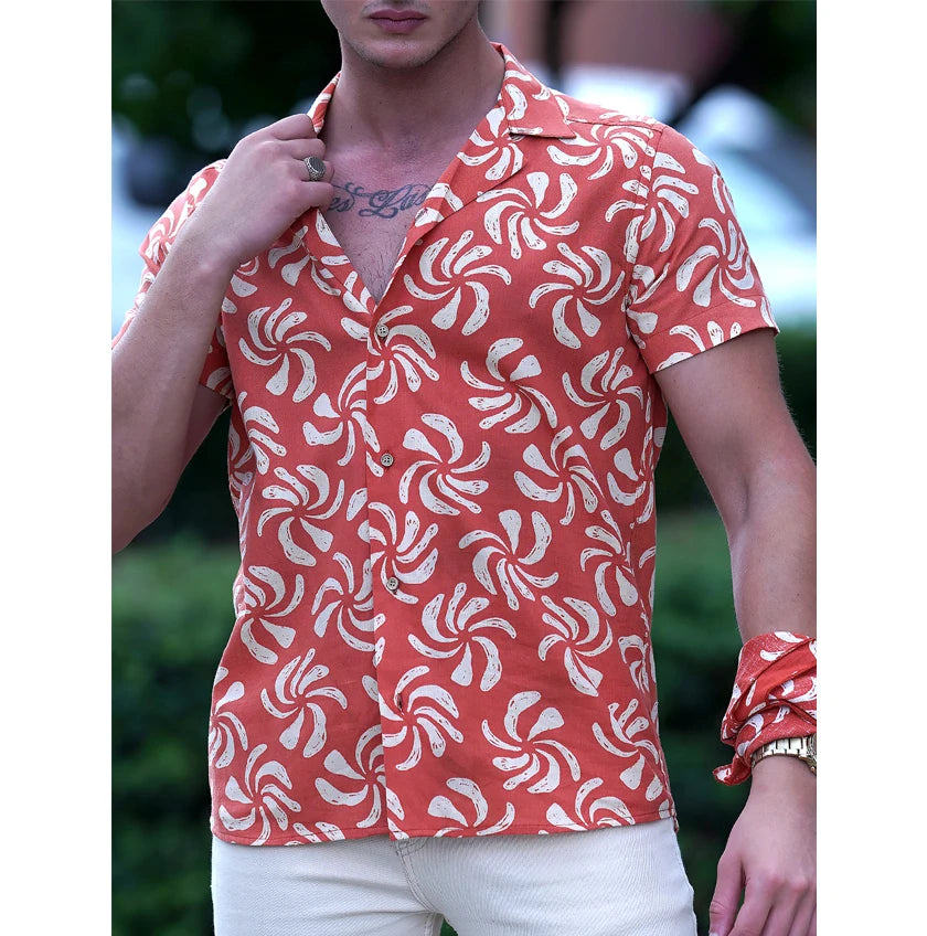 Orange with Beige Flower Printed Vintage Poplin 100% Cotton Breathable Summer Ready Stock Men's Hawaiian Shirt