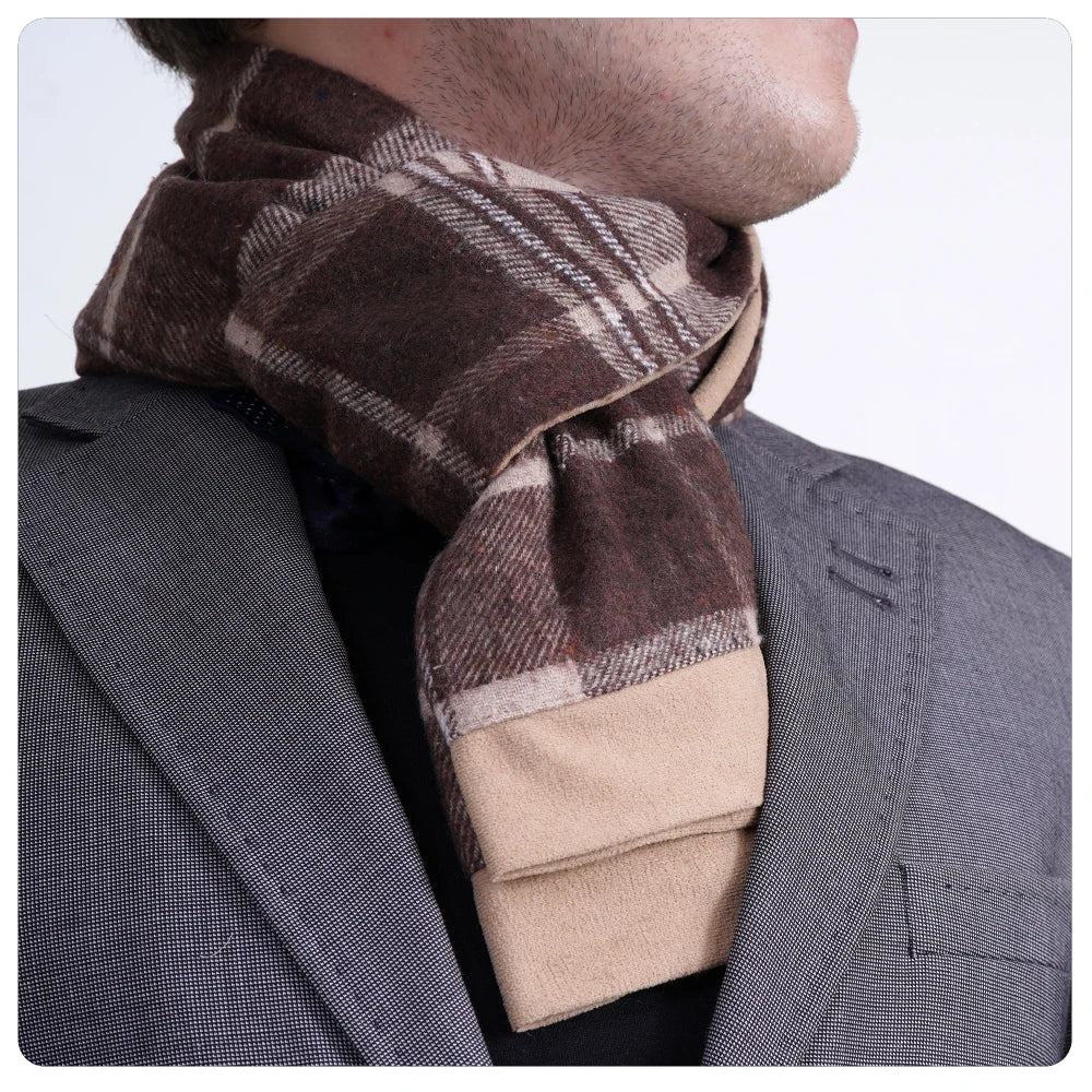 Exve Exclusive Beige Brown Taratar Plaid Square Pattern Wool Winter Double-Sided Knitted Turkey Scarf