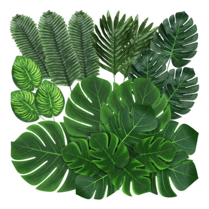 74 Pcs 7 Kinds Artificial Palm Leaves Tropical Monstera Leaf for Safari Jungle Hawaiian Dinosaur Luau Party Table Decoration