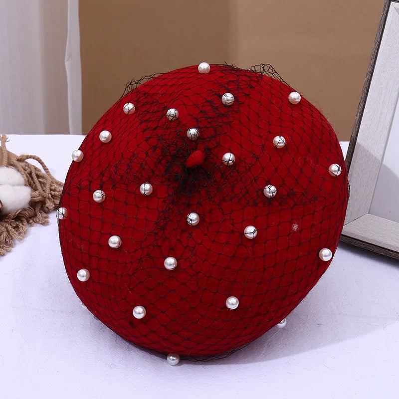 HZM-25084 Autumn Winter Warm Wool Beret With Pearl Beautiful Lady Elegant Mesh Berets Hat for Women