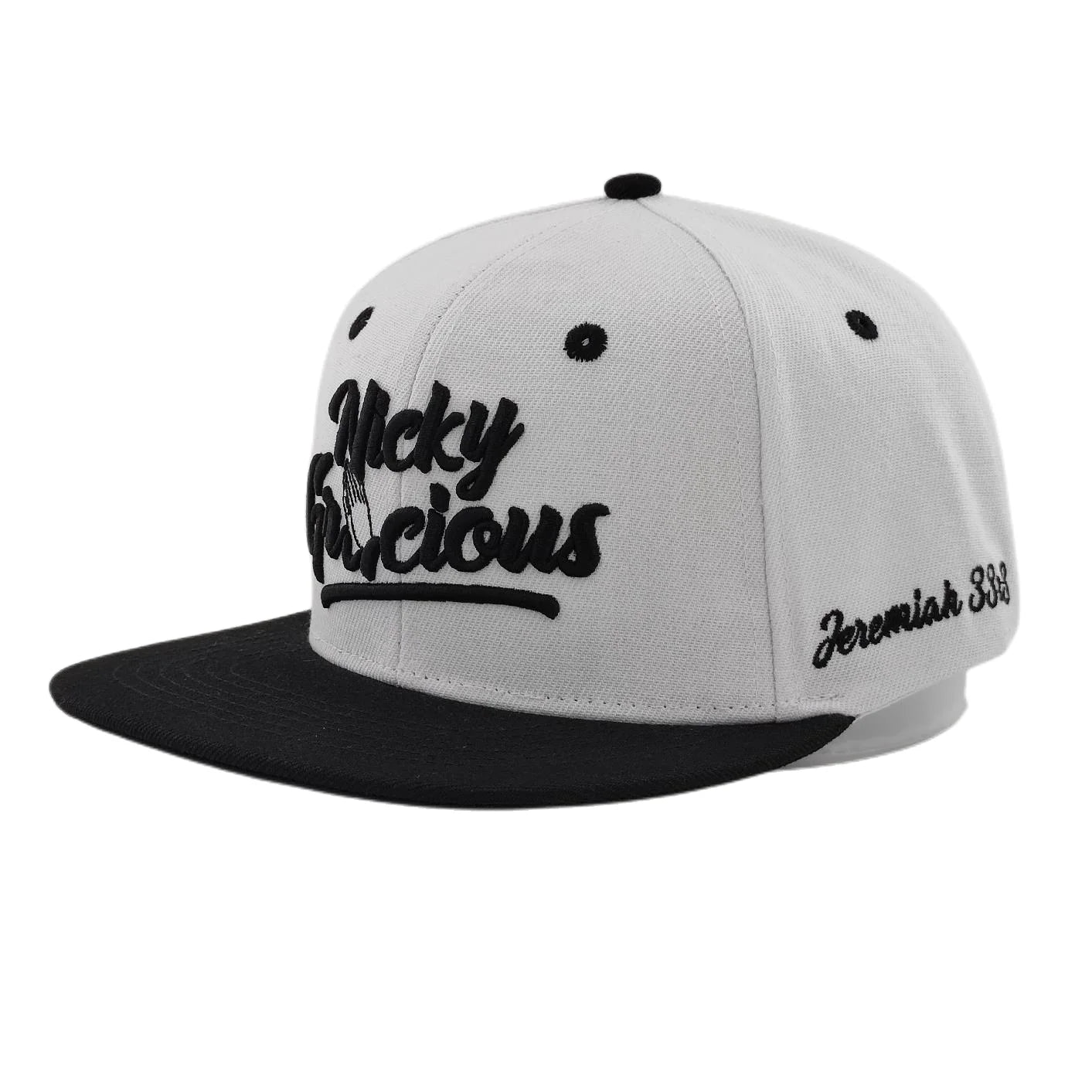 Snapback 6 Panel Canvas Hats Embroidery Logo Plastic Snap Adjuster Contrast Eyelets White Hat Black Lettering Character