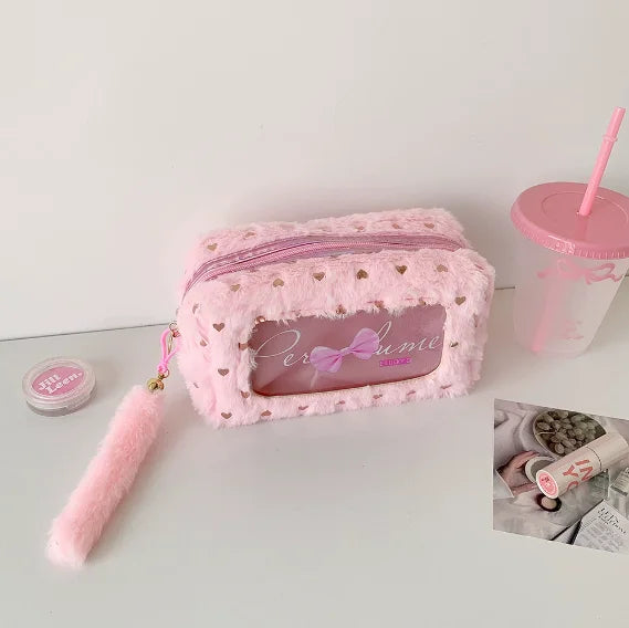 Ginzeal High Quality Velvet Cosmetic Bag Large Capacity Candy Plush Makeup Bag for Women with Bow