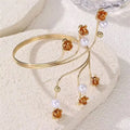 Elegant Gold Plated Pearl Bangle and Ring Set - Stackable Wave Design with Beaded Accents Boho Bridal Jewelry Gift