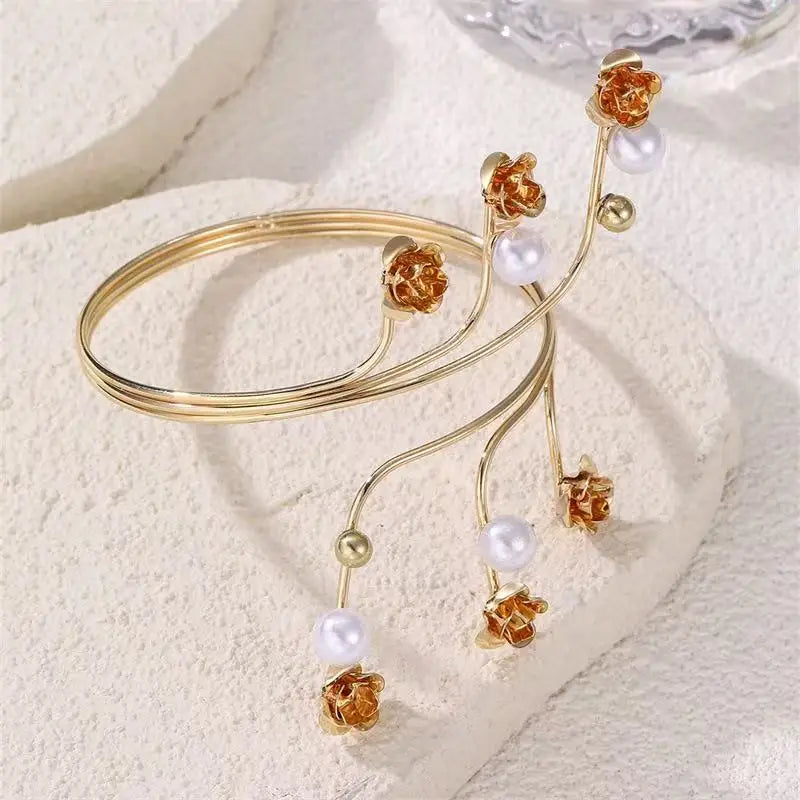 Elegant Gold Plated Pearl Bangle and Ring Set - Stackable Wave Design with Beaded Accents Boho Bridal Jewelry Gift