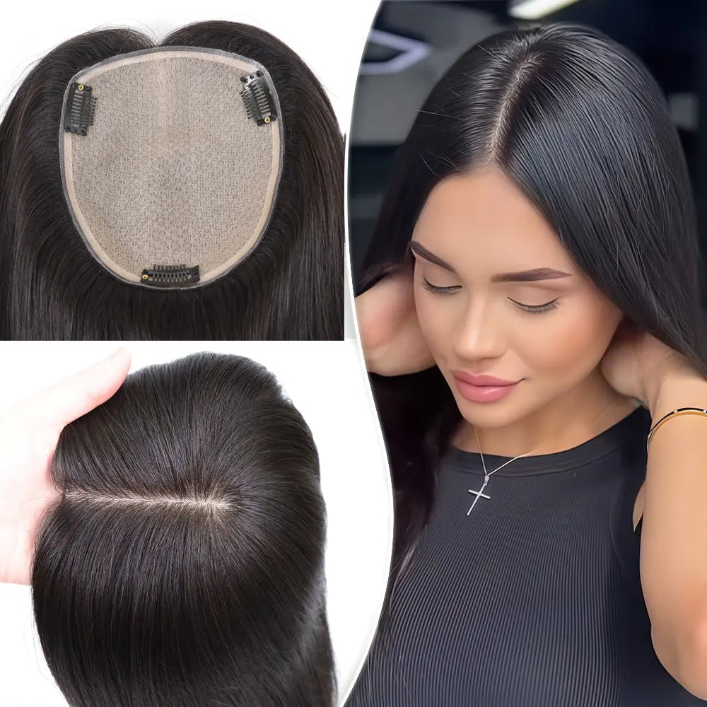 Human Hair Toppers for Women Real Human Hair Thinning Thin 16x18CM Silk Base Clip in Remy Hairpieces Hand-Tied Natural Black MegaBDM