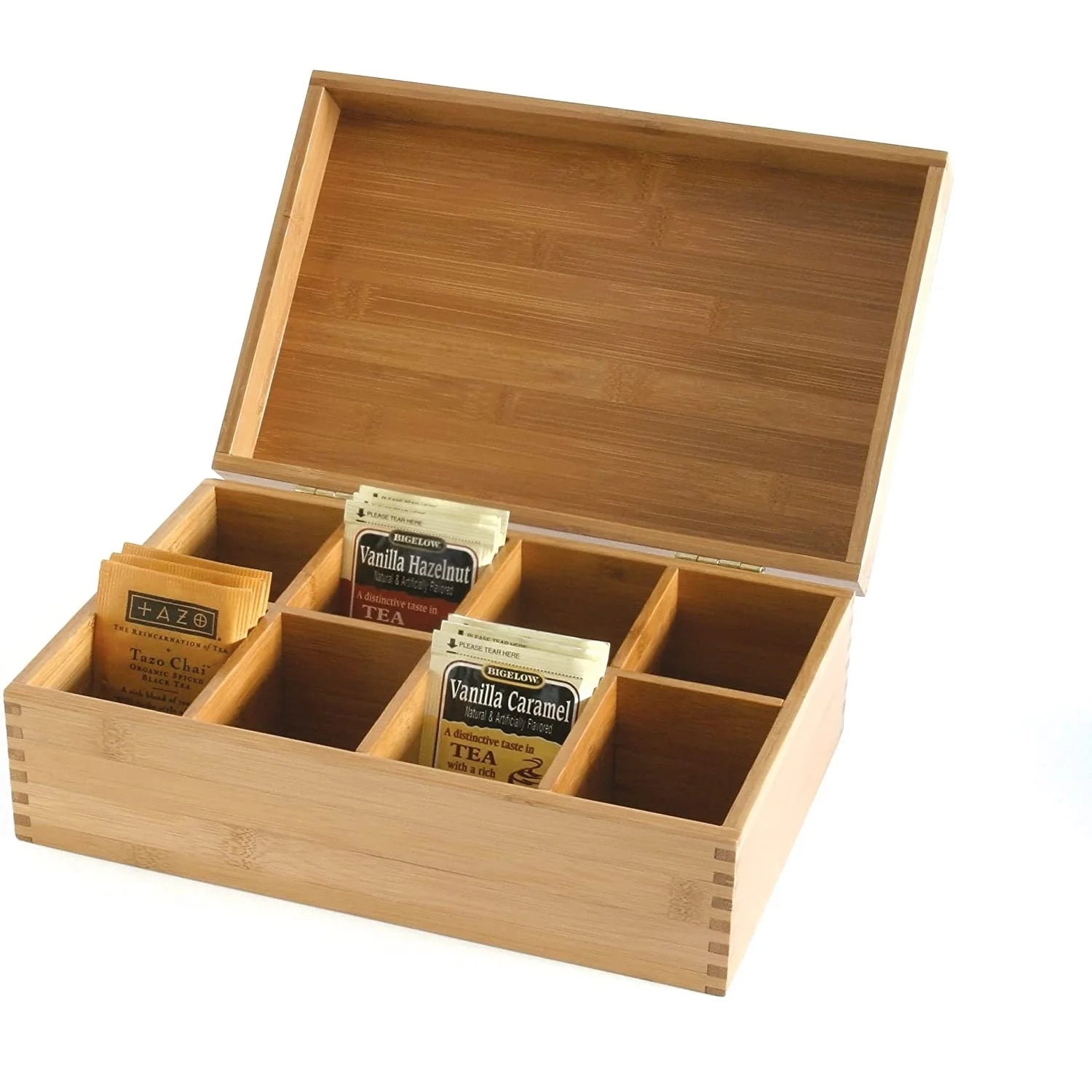 Multi-Functional Bamboo Wooden Tea Storage Box Eco-Friendly 8 Compartment Natural Tea Bag Holder Food Coffee Rectangle Shape PSC