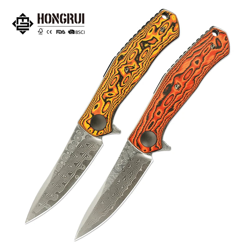 Hongrui New Desgin Survival Knife CNC Damascus Hunting Folding High Quality VG10 76-layer Damascus Steel Camping Pocket Knife