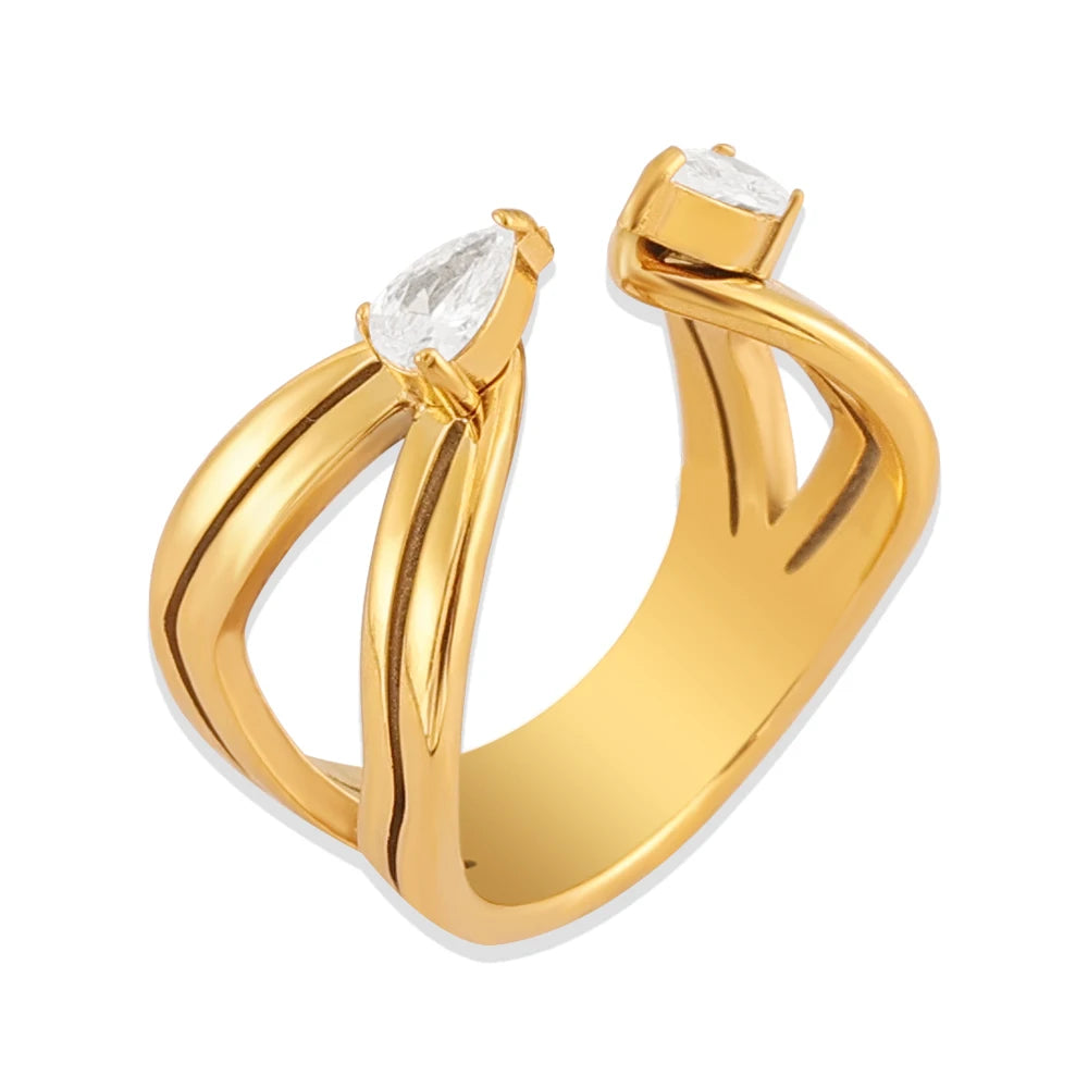 Wholesale Waterproof Geometric 18K Gold Plated Stainless Steel Women Fashionable Water Drop Cubic Zirconia Open Ring