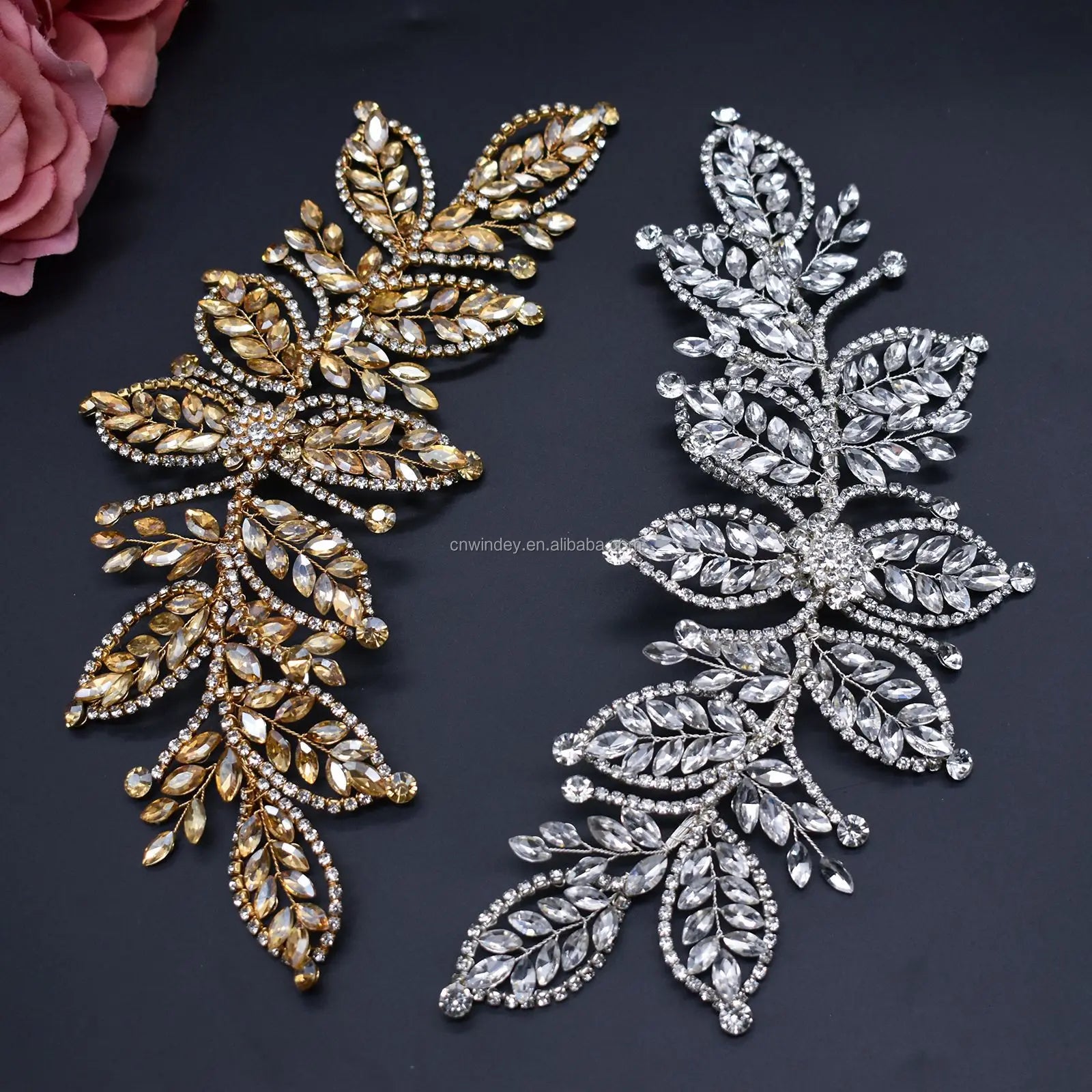 New Design Handmade Luxury Silver Champagne Beaded Rhinestone Chain Leaves 3d Wired Flower Applique